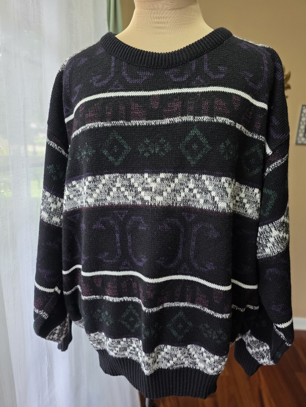 Vintage Men's 2X Grandpa Sweater Black Geometric Abstract Oversized Retro Knit